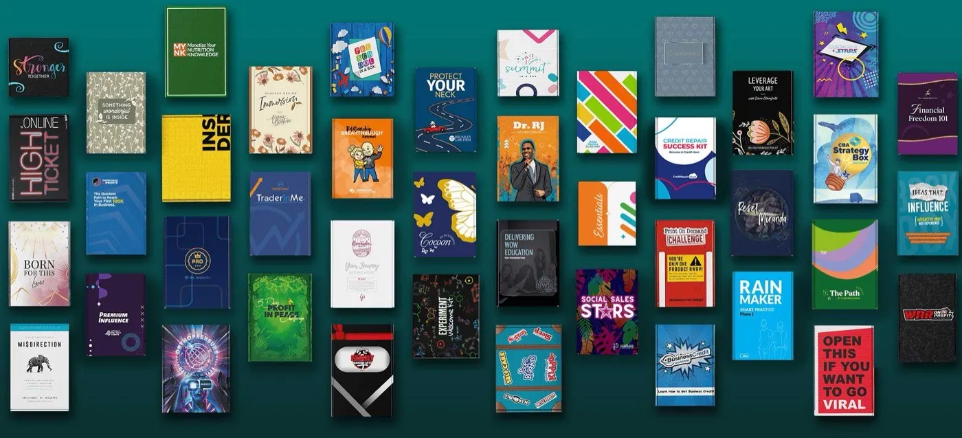 Roughly forty finished Custom Box Agency products tiled together: challenge boxes, workbooks, card decks and welcome kits in the branding of different coaching and training businesses.