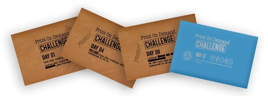 Three POD Ninjas envelope designs side by side, showing the Print On Demand Challenge stencil and day numbering.