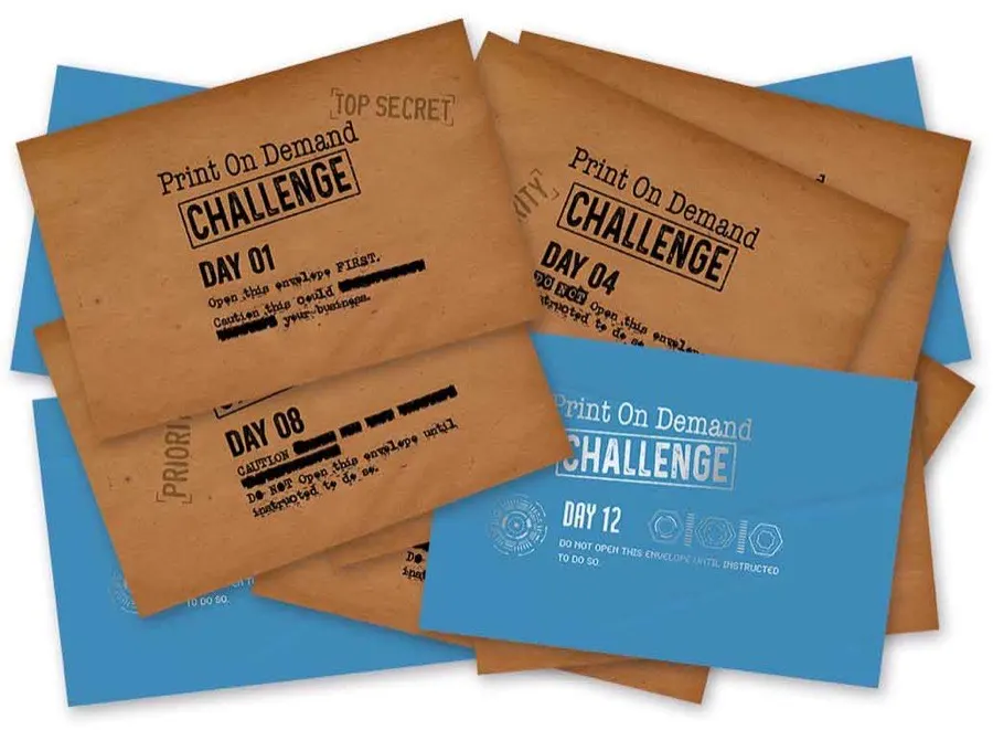A fanned stack of POD Ninjas challenge envelopes. Three are kraft brown, stamped Day 01, Day 04 and Day 08. One is bright blue and stamped Day 12.
