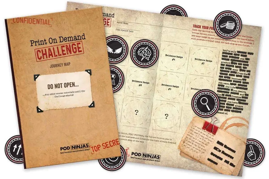 The POD Ninjas journey map: a game-board style route across fourteen days with spaces for milestone sticker badges.