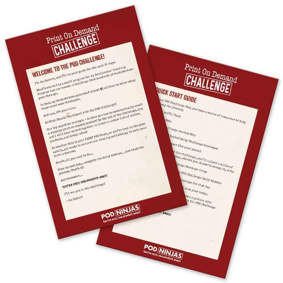 The POD Ninjas welcome note and quick start guide, printed in the red-and-black challenge theme.